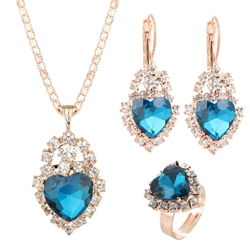 Love Heart Jewelry Sets Women Wedding Jewelry Set for Brides Gold Color Zirconia Earring Pendant Necklace Ring Sets